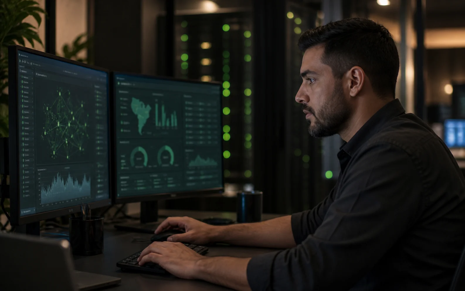 Engenheiro de redes visto de perfil, em um centro de operação com luz baixa, digitando diante de dois monitores com painéis de monitoramento; ao fundo, um corredor de racks com luzes verdes.